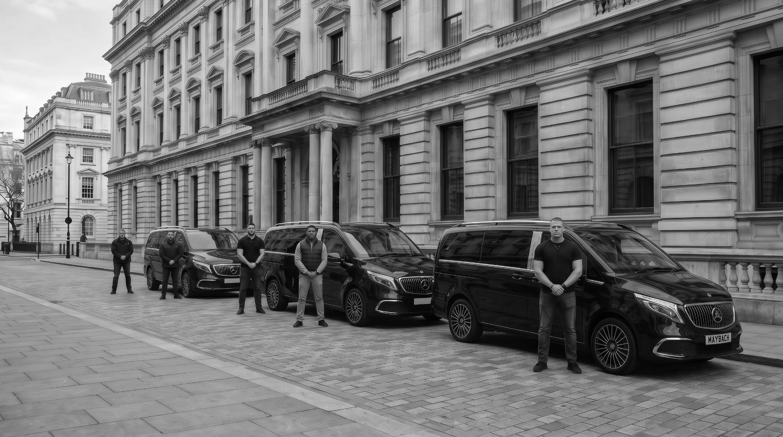 SABRE Protection Services close-protection team with secure transport outside a London residence